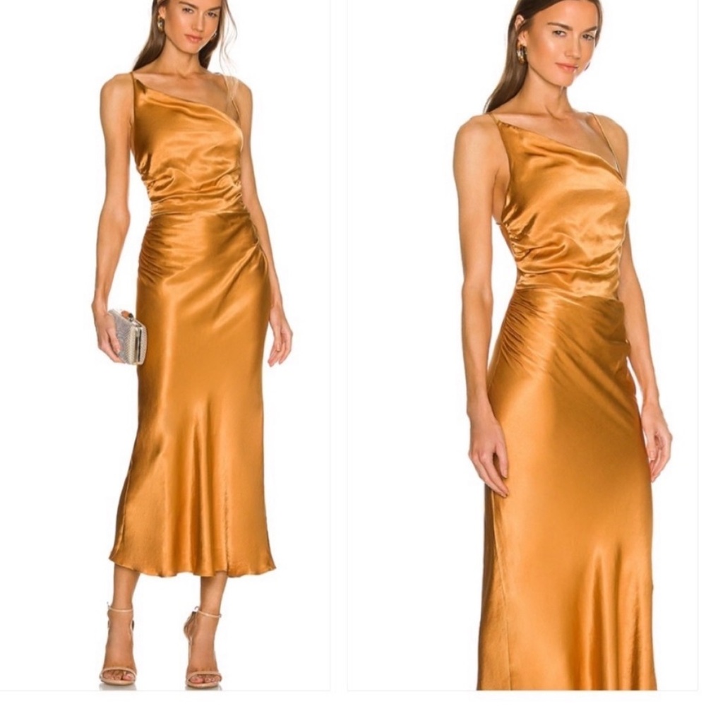Shona Joy Alma Asymmetrical Bias Cowl Midi Dress Turmeric Orange 4